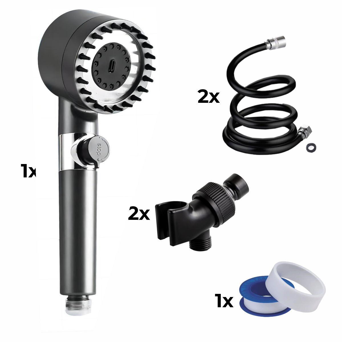 Shower Head + 2x Hose +2x Adapter + Teflon Tape
