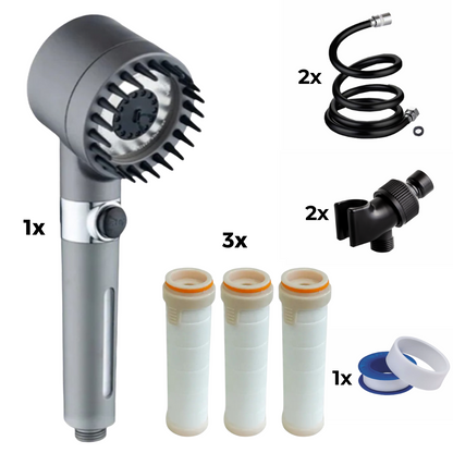 Pomme de douche + 2x tuyau + 2x adaptateur + 3x filtre + ruban téflon